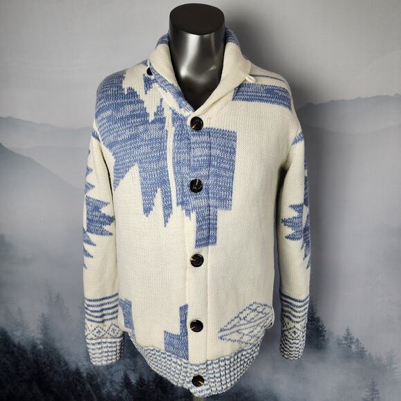 American Stitch Blue and White Aztec Print Quilted Ranch Sweater | Men's Small - Picture 1 of 16
